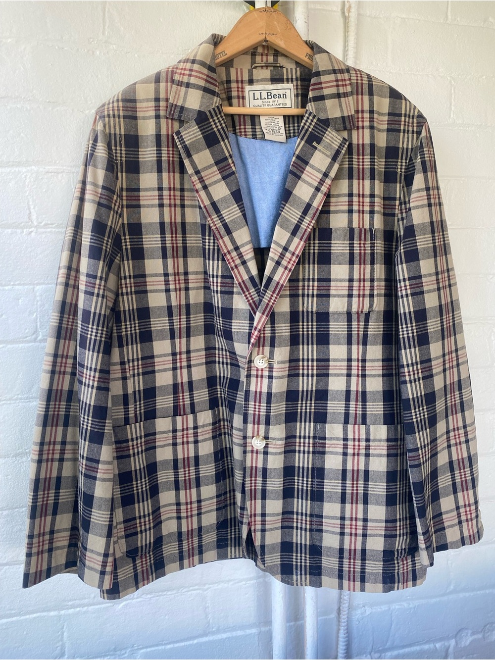 L.L. Bean Tan, Navy & Red Madras Plaid Light Canvas Cotton Sport Coat